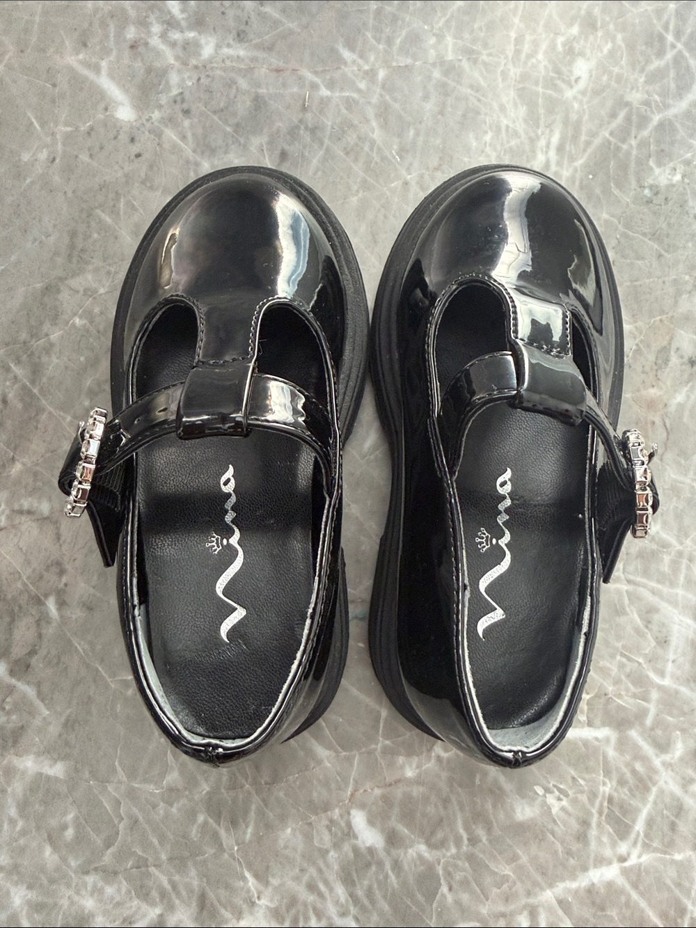 Nina Black Patent Mary Jane Shoes with Rhinestone Buckle